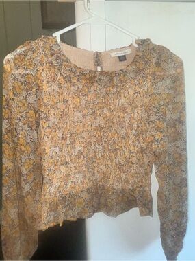 American Eagle Outfitters Mustard Floral Smocked Long-Sleeve Blouse